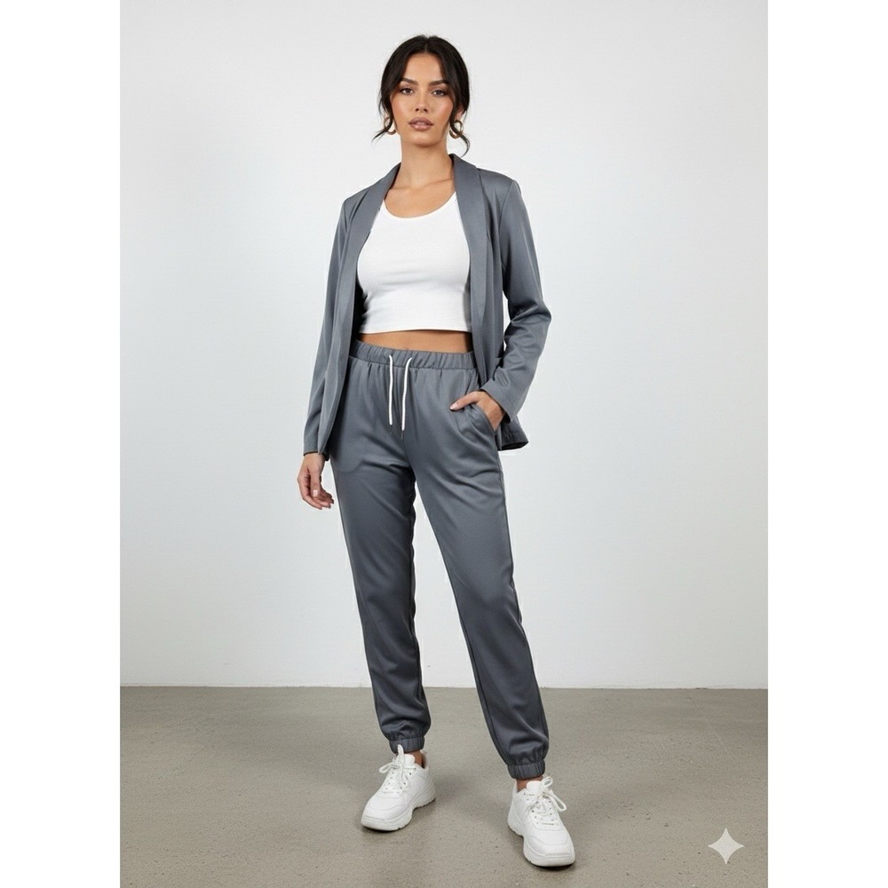 Women's Slate Gray 2-Piece Pant Suit Set L Minimalist Skandi Soft Girl Off Duty
